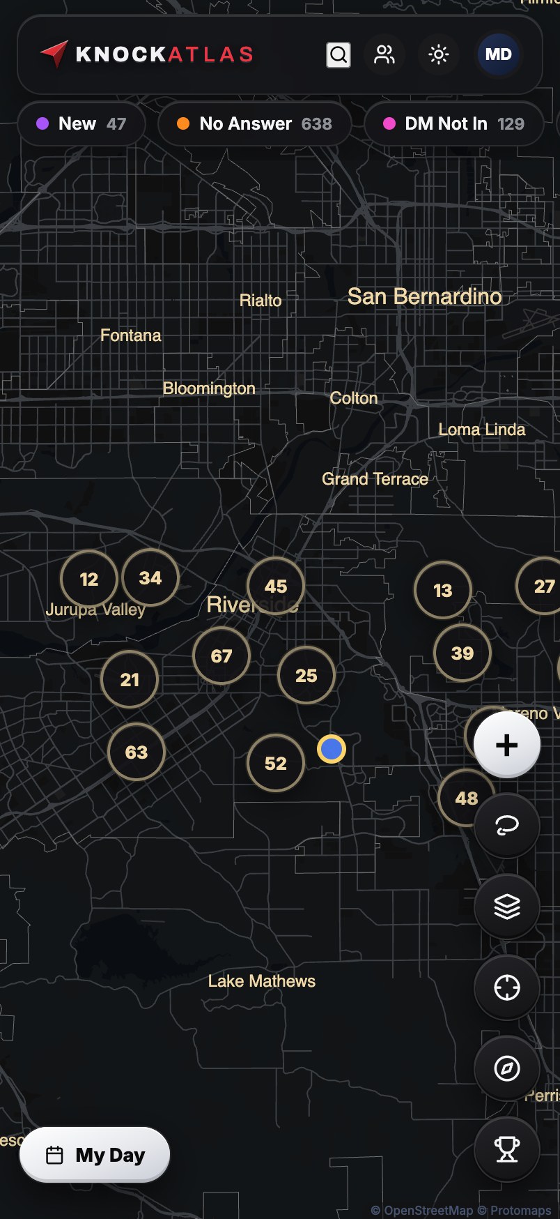 The KnockAtlas manager map, showing leads by disposition across a territory.
